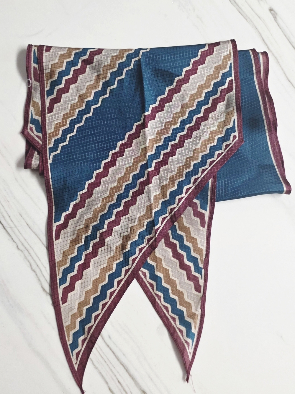 Oscar de la Renta Teal, Burgundy & Tan Zigzag Silk Scarf